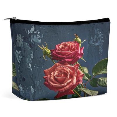 JKLQWH Leather Makeup Bag Waterproof Cosmetic Bag for Women Shabby Chic Roses Open Flat Toiletry Bags Portable Pouch With Zipper Make Up Organizer Case for Travel Accessories