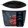 JKLQWH Leather Makeup Bag Waterproof Cosmetic Bag for Women Shabby Chic Roses Open Flat Toiletry Bags Portable Pouch With Zipper Make Up Organizer Case for Travel Accessories view 3