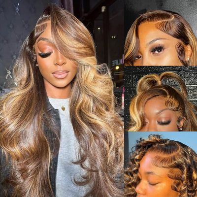 Highlight Ombre Lace Front Wig Human Hair Pre Plucked Body Wave 4/27 Colored Honey Blonde Wigs 13x4 HD Transparent Lace Front Wigs for Women Virgin Human Hair180% Density 24inch