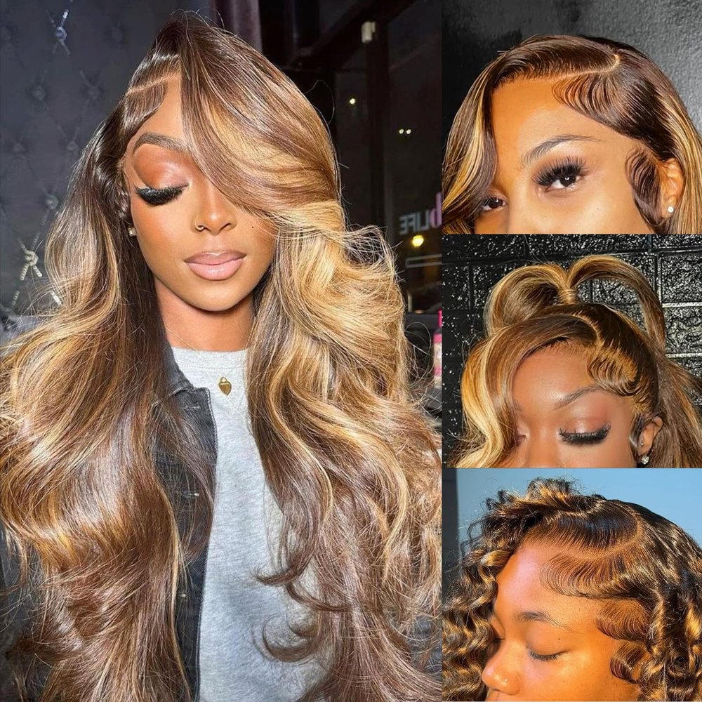 Highlight Ombre Lace Front Wig Human Hair Pre Plucked Body Wave 4/27 Colored Honey Blonde Wigs 13x4 HD Transparent Lace Front Wigs for Women Virgin Human Hair180% Density 24inch