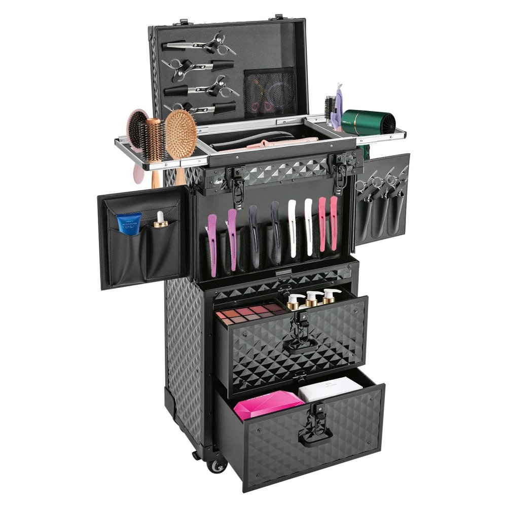 4-Layers Professional Makeup Train Case Rolling Cosmetic Case with 2 Drawers & 2 Mobile Password Lock and Universal Wheels 33lb Load Capacity Hairdressing Rolling Case for Hairstylists Beauticians