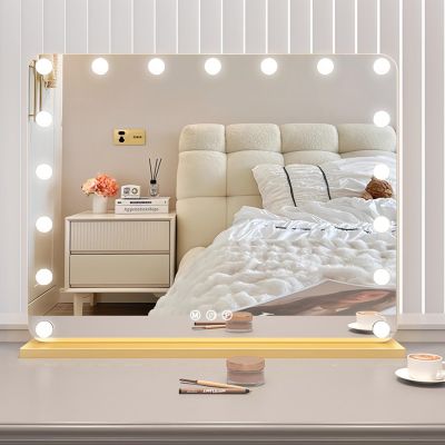 3 Color Temperature LED Lighted Vanity Mirror, Hollywood with Lights Tabletop Mirror, Metal Frame Makeup Mirror, for Living Room, Bedroom, Dressers(Gold,100x73cm/39.4x28.7in)