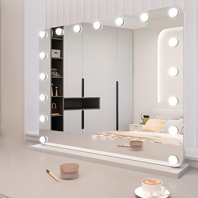 3 Color Temperature LED Lighted Vanity Mirror, Hollywood with Lights Tabletop Mirror, Metal Frame Makeup Mirror, for Living Room, Bedroom, Dressers(White,80x60cm/31.5x23.6in)