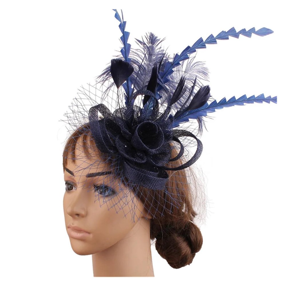 BoBoHui Sinamay Fascinator Wedding Women Headband Fancy Feather Flower Fashion Headwear Ladies Hair Accessories Fedora Clips(Navy Blue)