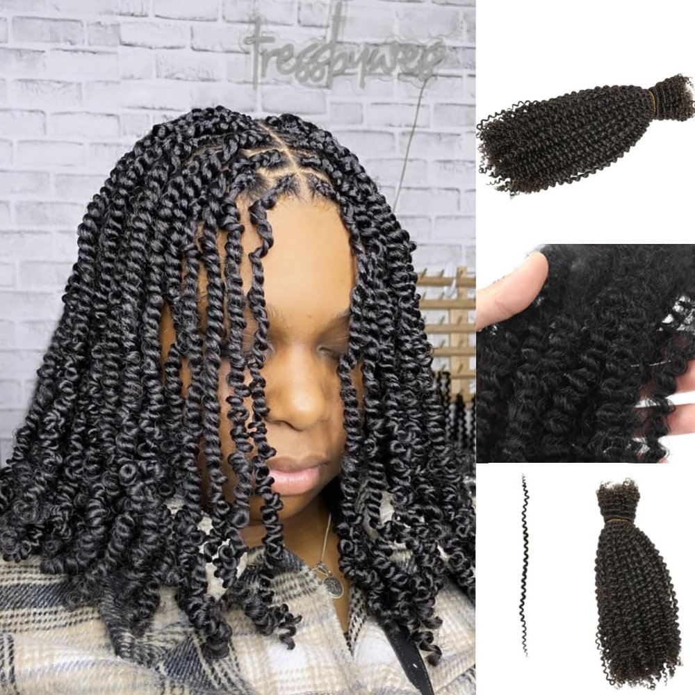 Spring Twist Hair Extensions Bulk Human Hair Afro Kinkys Braiding Hair for Dreadlocks, Twists, Loc Repair, Dreadlock Extensions Black 16 Inch 100G