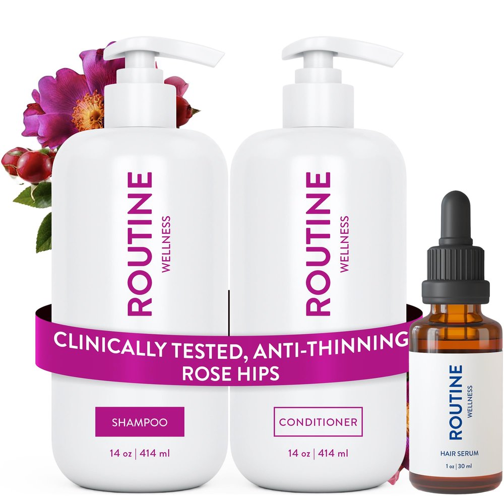 Routine Wellness Shampoo and Conditioner Set and Hair Serum for Thinning Hair - DHT Blocker Women & Men - Color Safe Shampoo for Hair Loss & Healthier Hair - Rose Hips Set + Serum