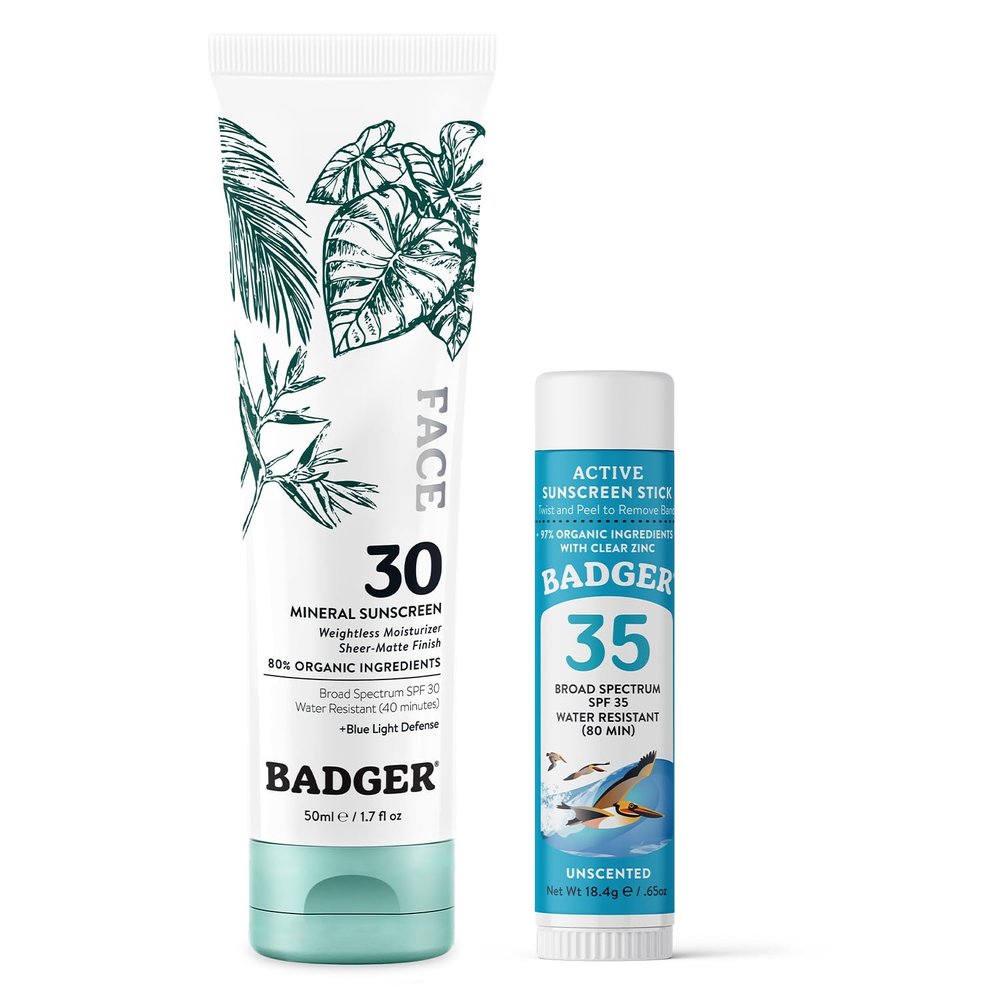 Badger SPF 30 Mineral Daily Face Sunscreen and SPF 35 Mineral Sunscreen Face Stick