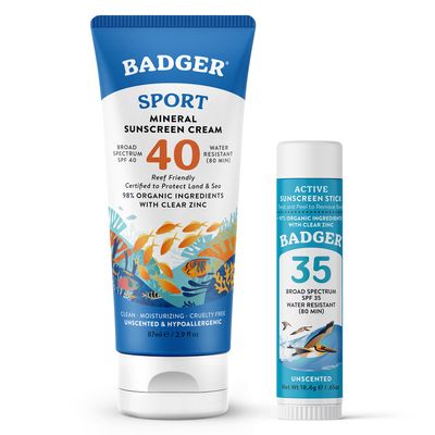 Badger SPF 40 Reef Safe Sport Sunscreen and SPF 35 Sunscreen Face Stick