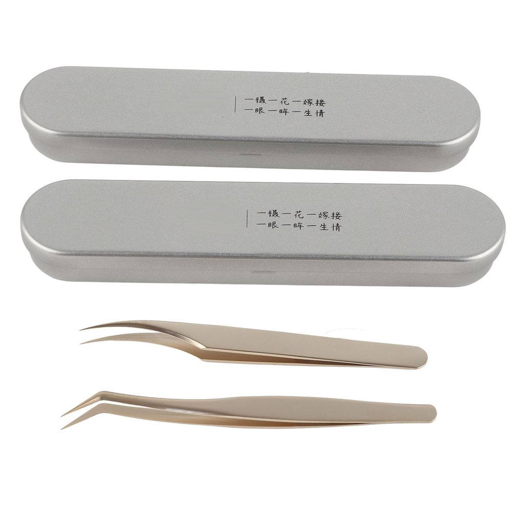 2PCS Stainless Steel Eyelash Extension Tweezers Set with Curved Tip & Gold Tweezer for Professional Beauty Salon & Home Use
