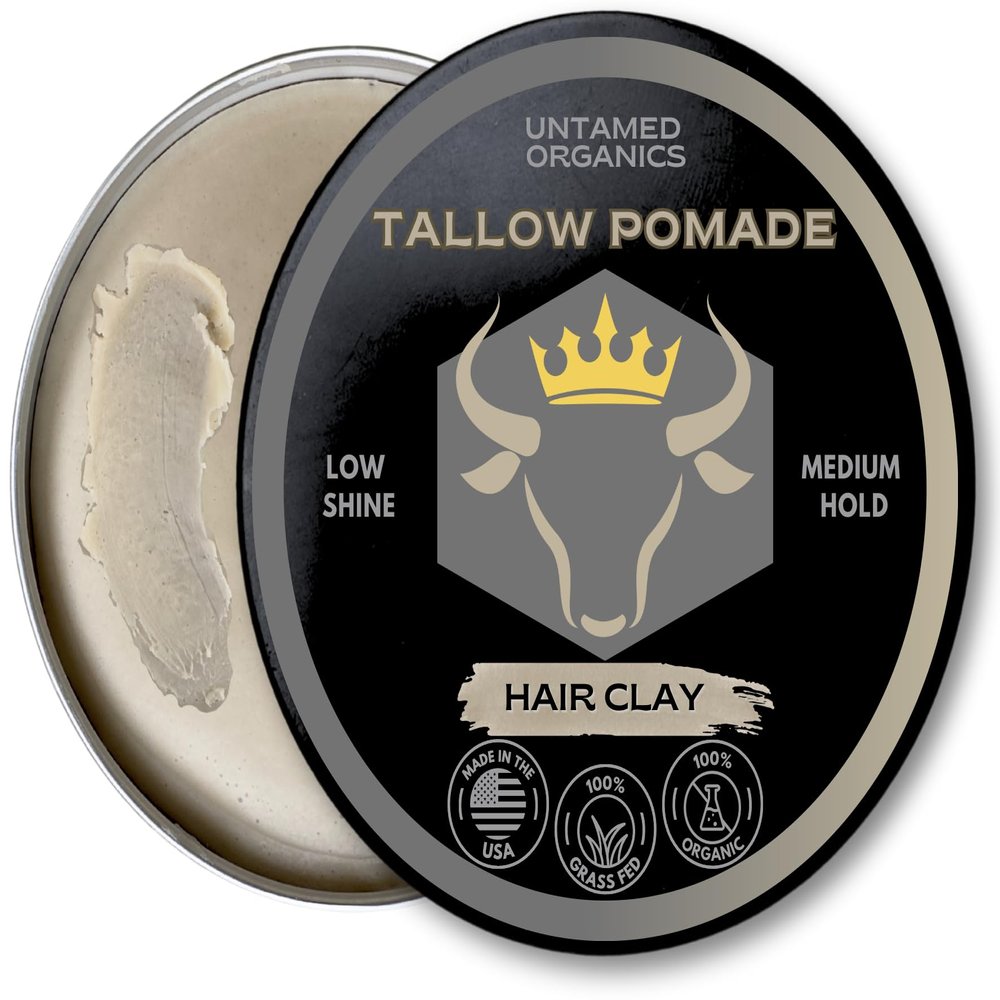 Untamed Organics Tallow Hair Clay | Handmade Grass-Fed Grass-Finshed Tallow Hair Pomade | All Natural & Organic Styling Clay for Men & Women | Medium Hold & Natural Finish | 2 FL. oz.