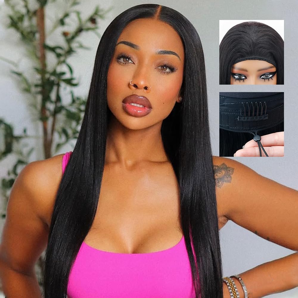 Amznlady Glueless Wigs Human Hair Upgrade 3 IN 1 Straight Half Wig Human Hair With Drawstring Ponytail for Black Women 180% Density Headband Wigs Natural Color 22 Inch