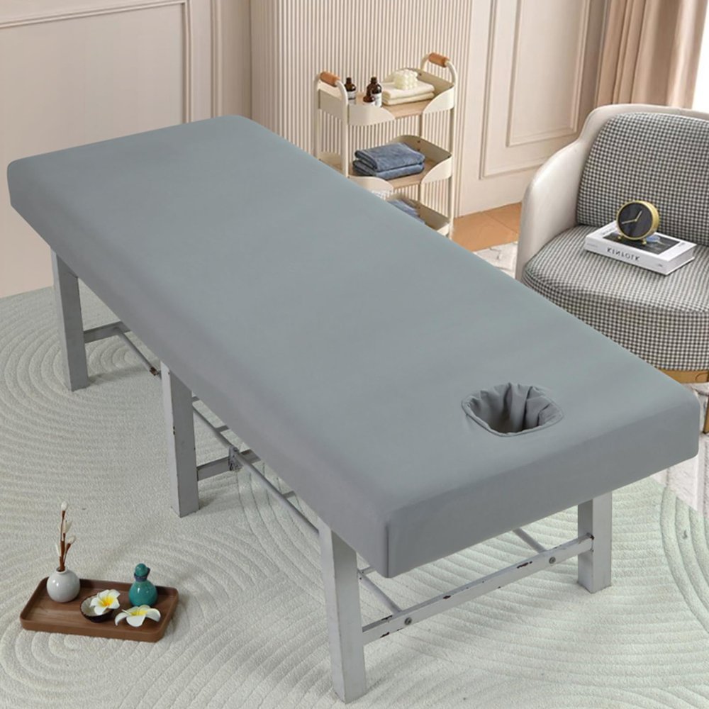 Gray,80x190cm/2.6x6.2ft,Massage Bed Sheet with Face Hole,Elastic All-Round Wrap Beauty Massage Bed Cover Waterproof Massage Table Sheets SPA Couch Covers Massage Table Sheets