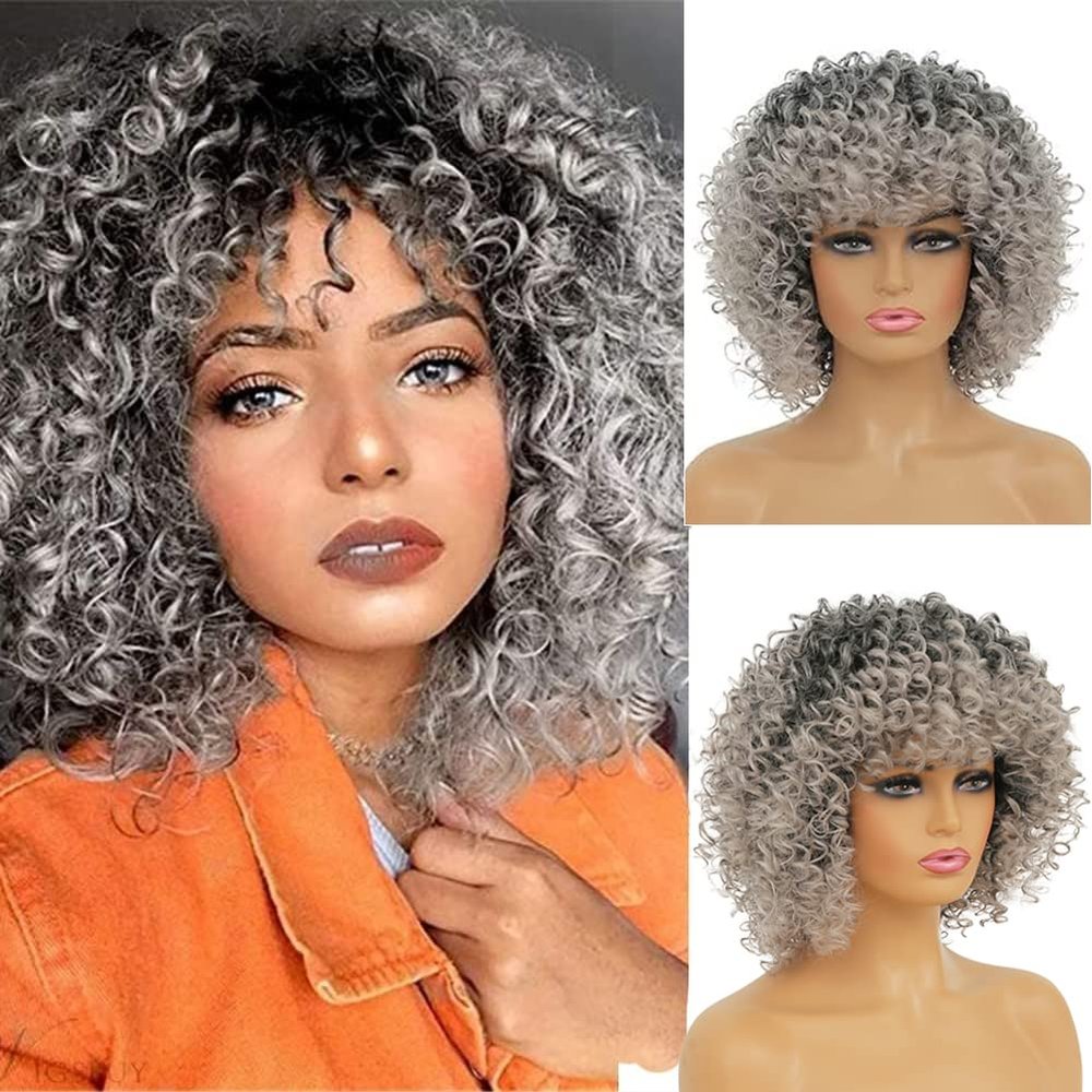 ORAVISTA Afro Wine Red Curly Synthetic Wigs with Bangs 70s Rocker Kinky Fluffy for Black Women Halloween Cosplay Costume (Grey,16")