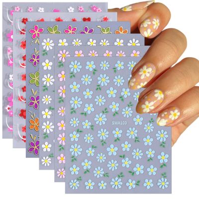6 Sheets Flower Nail Stickers 3D Self-Adhesive Spring Floral Line Nail Decals for Acrylic Nails, Blue Pink White Flower Nail Art Stickers for Women DIY Nail Art Decoration Supplies