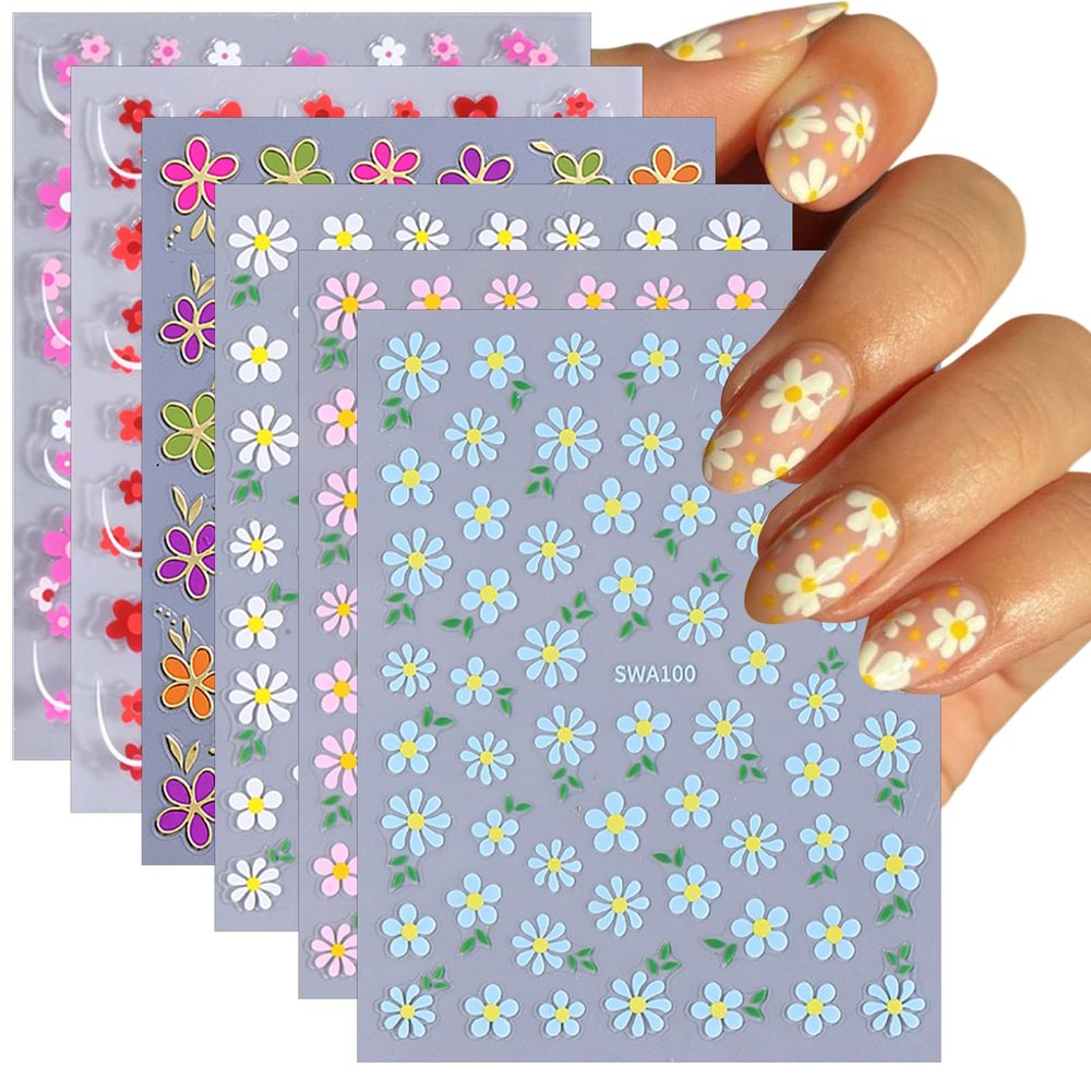6 Sheets Flower Nail Stickers 3D Self-Adhesive Spring Floral Line Nail Decals for Acrylic Nails, Blue Pink White Flower Nail Art Stickers for Women DIY Nail Art Decoration Supplies