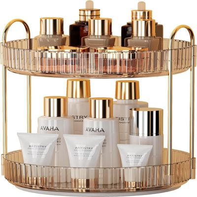 360 Degree Rotating Makeup Organizer 1 Tier Lazy Susan for Cosmetics Skincare Perfumes High Capacity Vanity Storage with Non Slip Base Fits Countertop Dresser Bathroom (Amber Gold, 2Tiers)