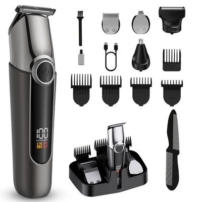 GLDNTM 5-in-1 Multifunctional Digital Display Waterproof Electric Hair Clipper Set - Ideal for Oil Head Designs and Precision Trims (Gunmetal with Gray Set)