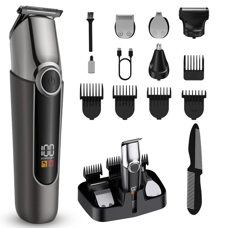 GLDNTM 5-in-1 Multifunctional Digital Display Waterproof Electric Hair Clipper Set - Ideal for Oil Head Designs and Precision Trims (Gunmetal with Gray Set)