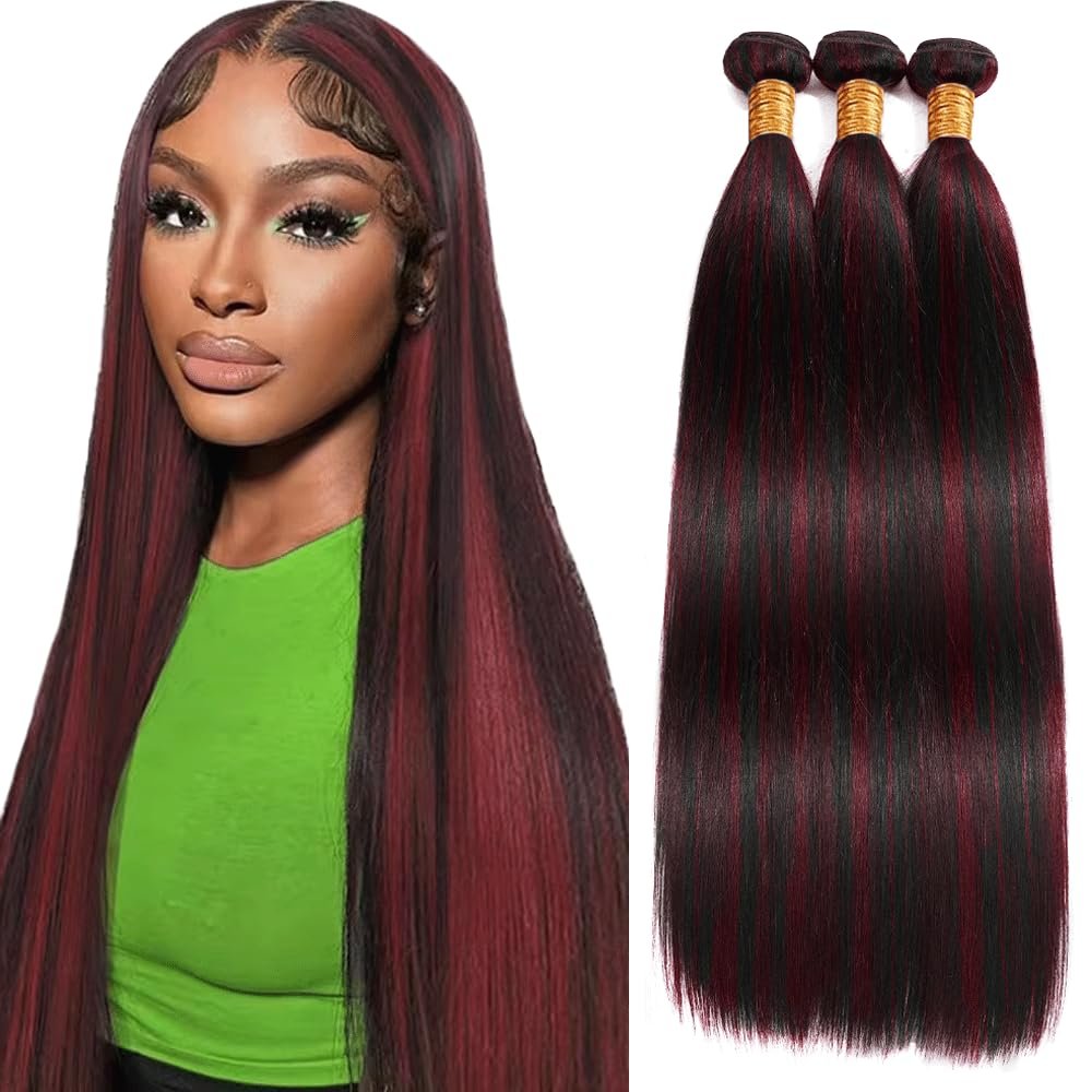 Ombre Bundle P1B99J Red Straight Human Hair Bundles Two Tone Black Mixed With 99J Burgundy 3 Bundles 20 22 24 Inch Highlight Straight Bundle For Black Women