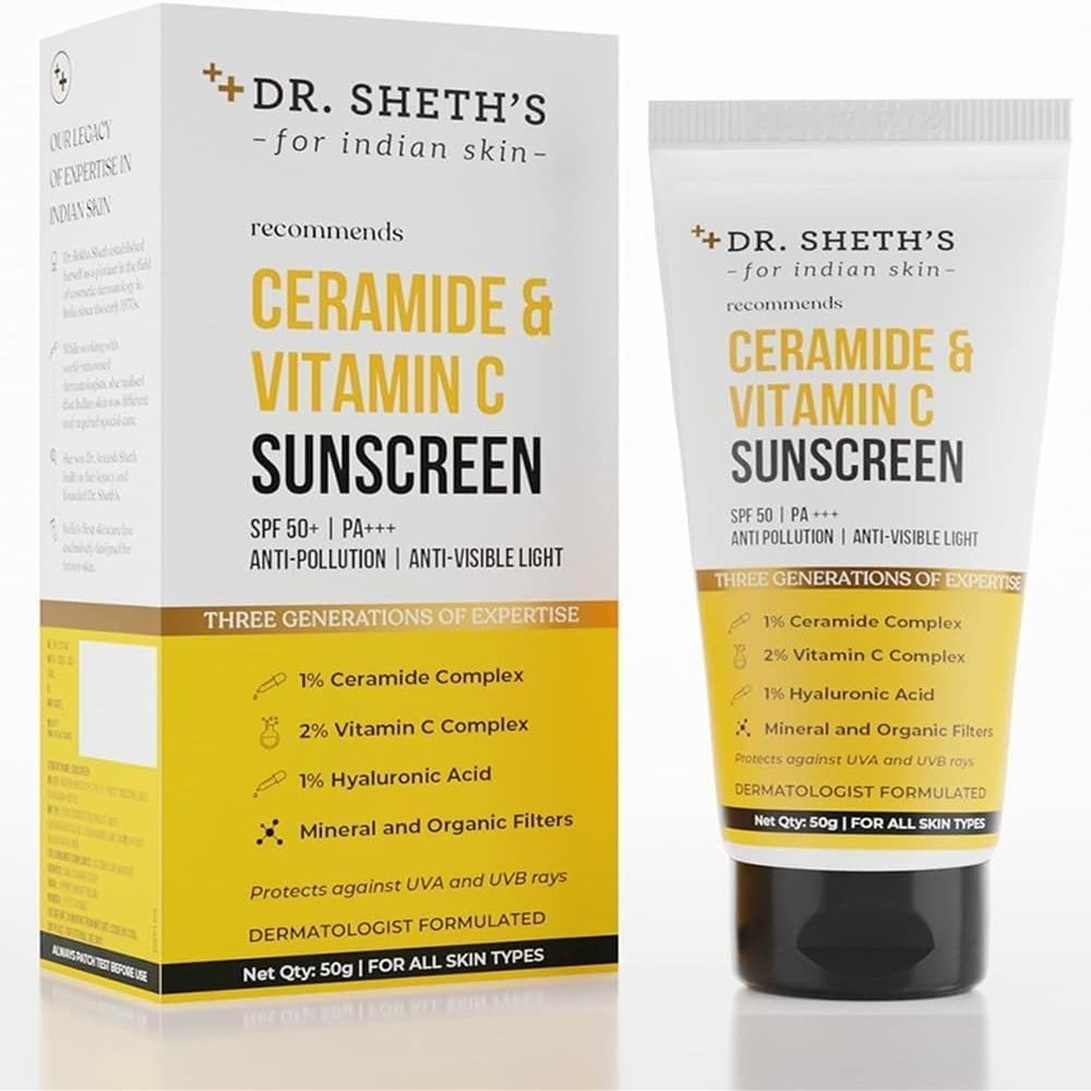 Dr. Shet's Ceramide & Vitamin C Sunscreen | SPF 50+ Pa+++ | In-Vivo Tested | For Bright Skin & Healthy Glow | Non-Greasy, Quick-Absorbing, No White Cast | UVA/B & Bluelight Protection | For Men & Wom