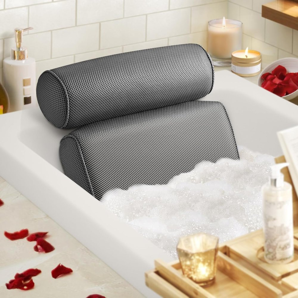 AlwaysGrand Bath Pillow with 6 Secure Suction Cups 14x12 Inch Soft Air Mesh Design, Extra Thick & Quick-Dry (Grey)