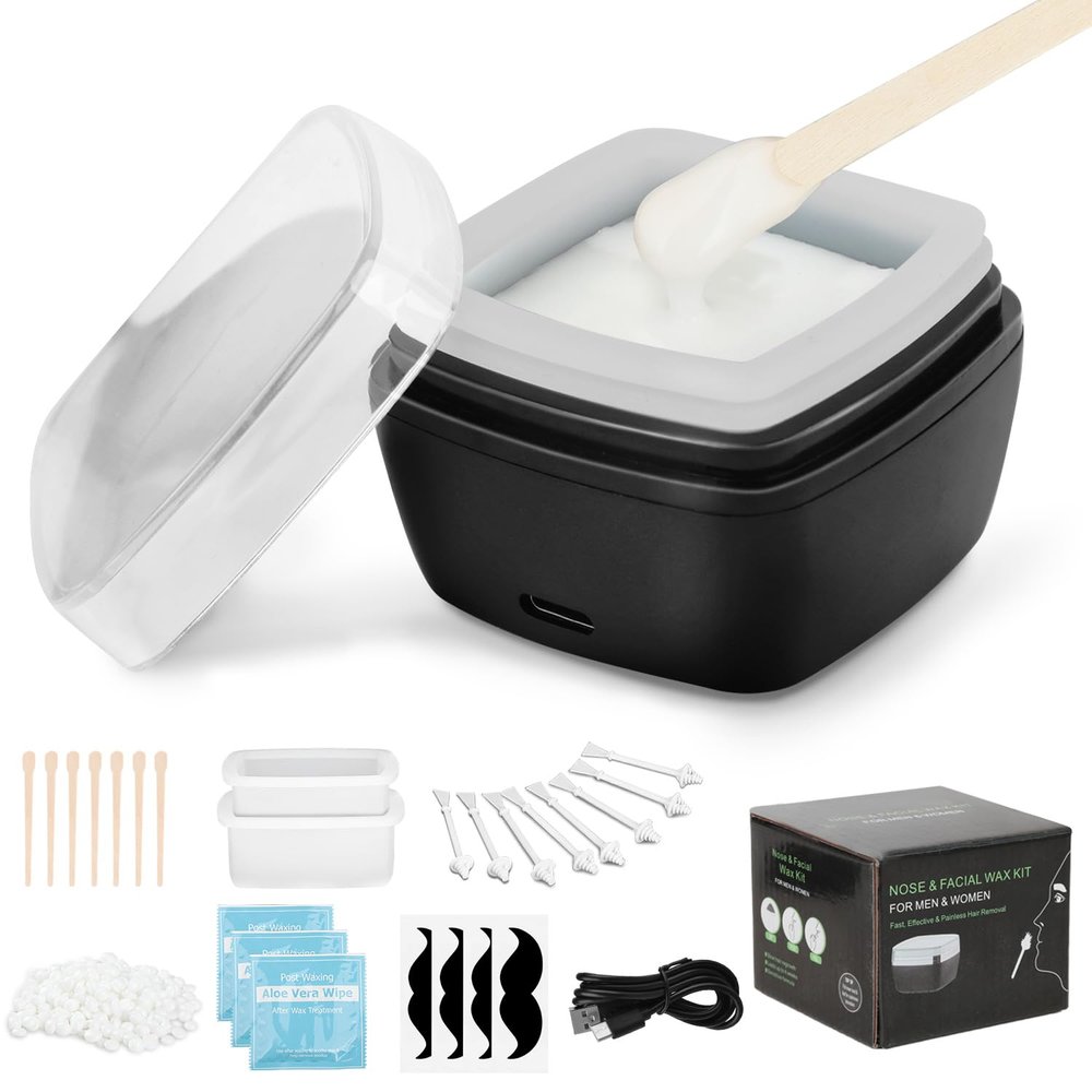 Nose Wax Kit Men, Nose Ear Hair Waxing Kit for Men and Women with 100g Wax, 45 Sticks, Nose Ear Hair Removal Kit, USB Fast Heat, Smart Constant Temp, Multi-Accessories, Black