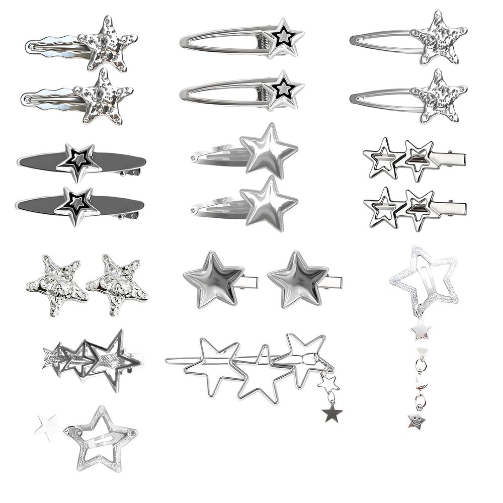 20 PCS Y2k Star Hair Clips, 10 Styles Lovely Silver Star Barrettes, Not Easy to Fall Off, Can Be Matched According to Different Clothes and Occasions