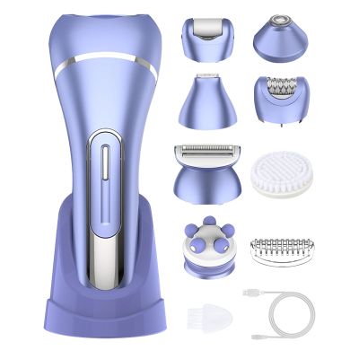 Epilator for Women, 7 in 1 Replaceable Hair Removal & Massager & Cleaner Devices, Bikini Trimmer, Face Massage, Face Exfoliating Brush, Foot Callus Remover, IPX7 Waterproof Razors (Purple)