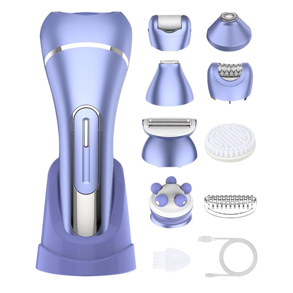 Epilator for Women, 7 in 1 Replaceable Hair Removal & Massager & Cleaner Devices, Bikini Trimmer, Face Massage, Face Exfoliating Brush, Foot Callus Remover, IPX7 Waterproof Razors (Purple)