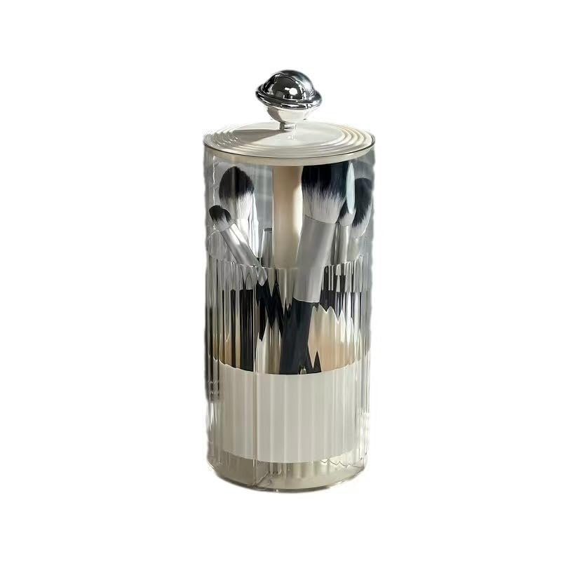 BHVLXGEQ Press makeup brush holder storage box with cover, automatic lifting dustproof and waterproof, 360 degrees rotating sliding, 4 partition, suitable for bathroom vanity (white-silver ball)