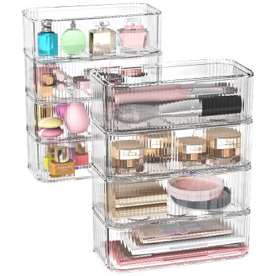 8-Pack Clear Stackable Storage Drawers with 16 Non-Slip Silicone Feet, Multi-Purpose Cosmetic & Home Organizers for Vanity, Office, Bathroom, Pantry, Easy-Pull Transparent Acrylic Storage Bins