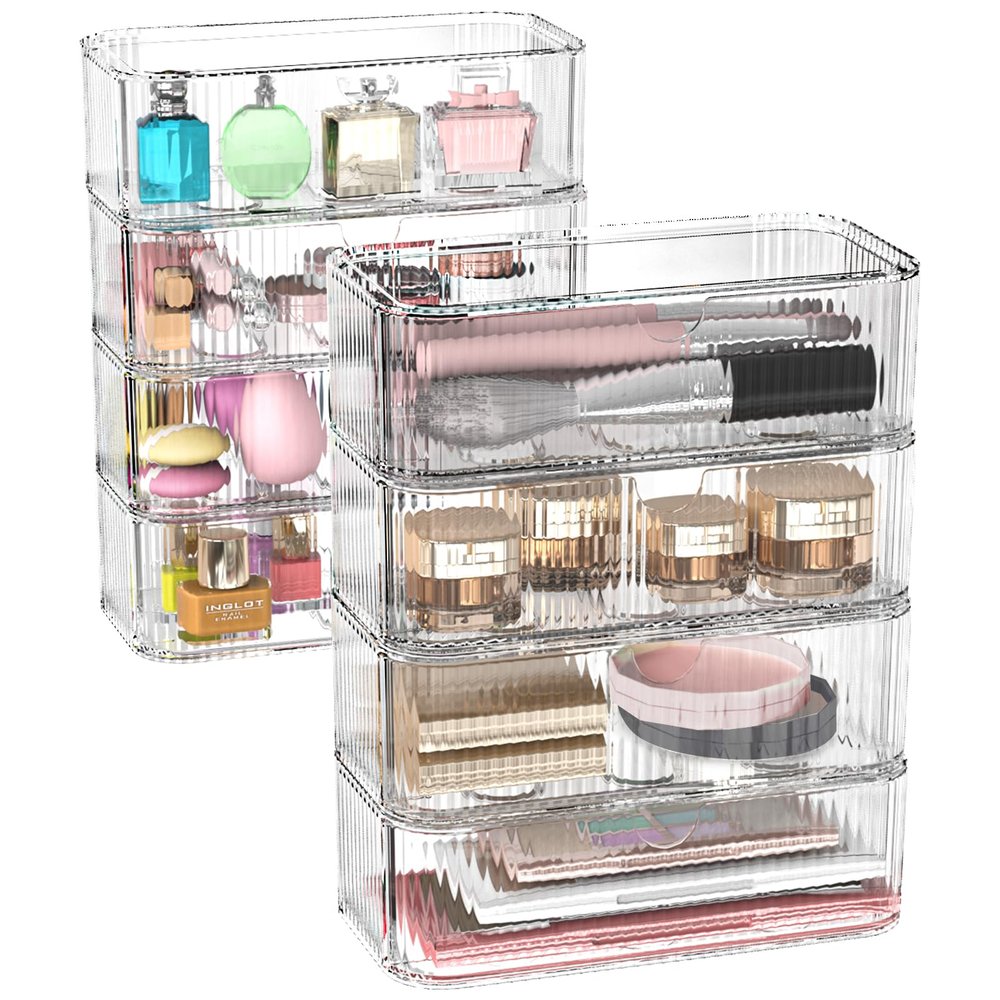 8-Pack Clear Stackable Storage Drawers with 16 Non-Slip Silicone Feet, Multi-Purpose Cosmetic & Home Organizers for Vanity, Office, Bathroom, Pantry, Easy-Pull Transparent Acrylic Storage Bins