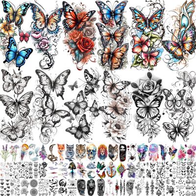 72 Sheets Watercolor Butterflies Temporary Tattoos For Women Girls Adults Legs Clavicle, 3D Temp Bulk Long Lasting Rose Butterfly Half Arm Sleeve Realistic Fake Tattoo Stickers Colored Party Festival
