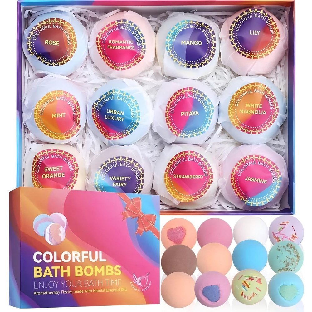 Luxury Bath Bombs Gift Set - 12 Handmade Fizzies with Shea Butter & Essential Oils, Moisturizing Relaxing Spa/Birthday/Valentines/Mothers Day Gift for Women & Men (Vegan, Cruelty-Free)
