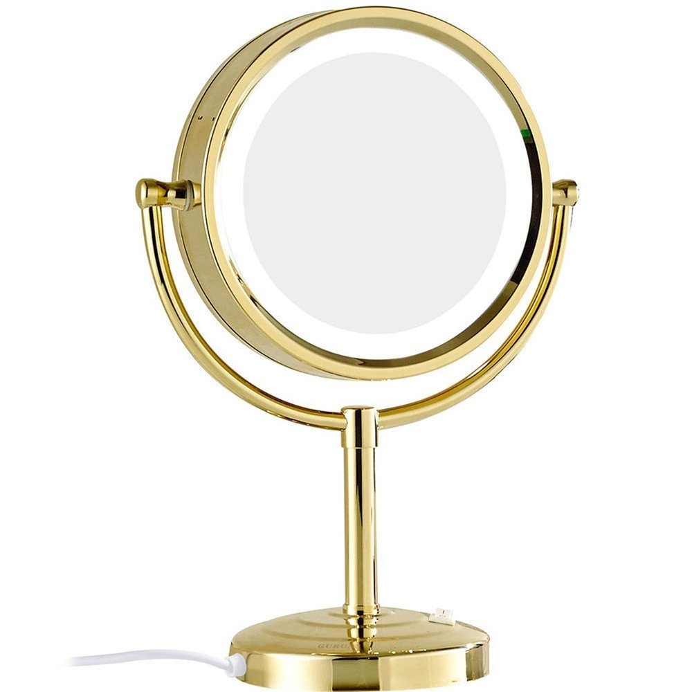 VHFXZFLZ Makeup Mirror with Light and Magnification, 8 Inch Gold Finished Double Sided Standing Vanity Mirrors, 360 Rotation Brass LED Lighted Mirrors,5X(3X)