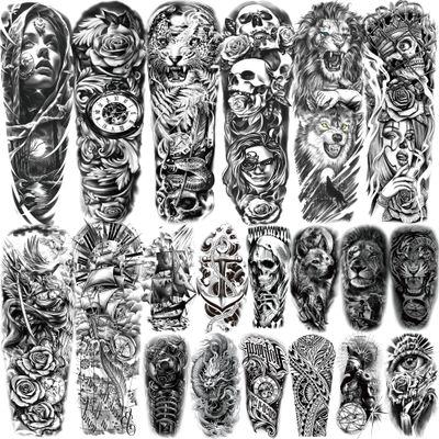 20 Sheets Lion Wolf Full Arm Temporary Tattoos For Women Men Thigh, Chicano Animals Sleeve Tattoos For Adults, Temp Halloween Waterproof Long Lasting Fake Tattoo Stickers Zeus God Skull Ship Flowers