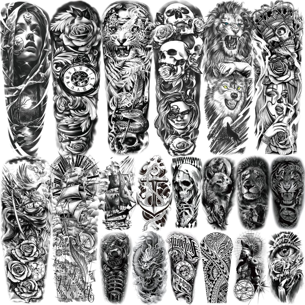 20 Sheets Lion Wolf Full Arm Temporary Tattoos For Women Men Thigh, Chicano Animals Sleeve Tattoos For Adults, Temp Halloween Waterproof Long Lasting Fake Tattoo Stickers Zeus God Skull Ship Flowers