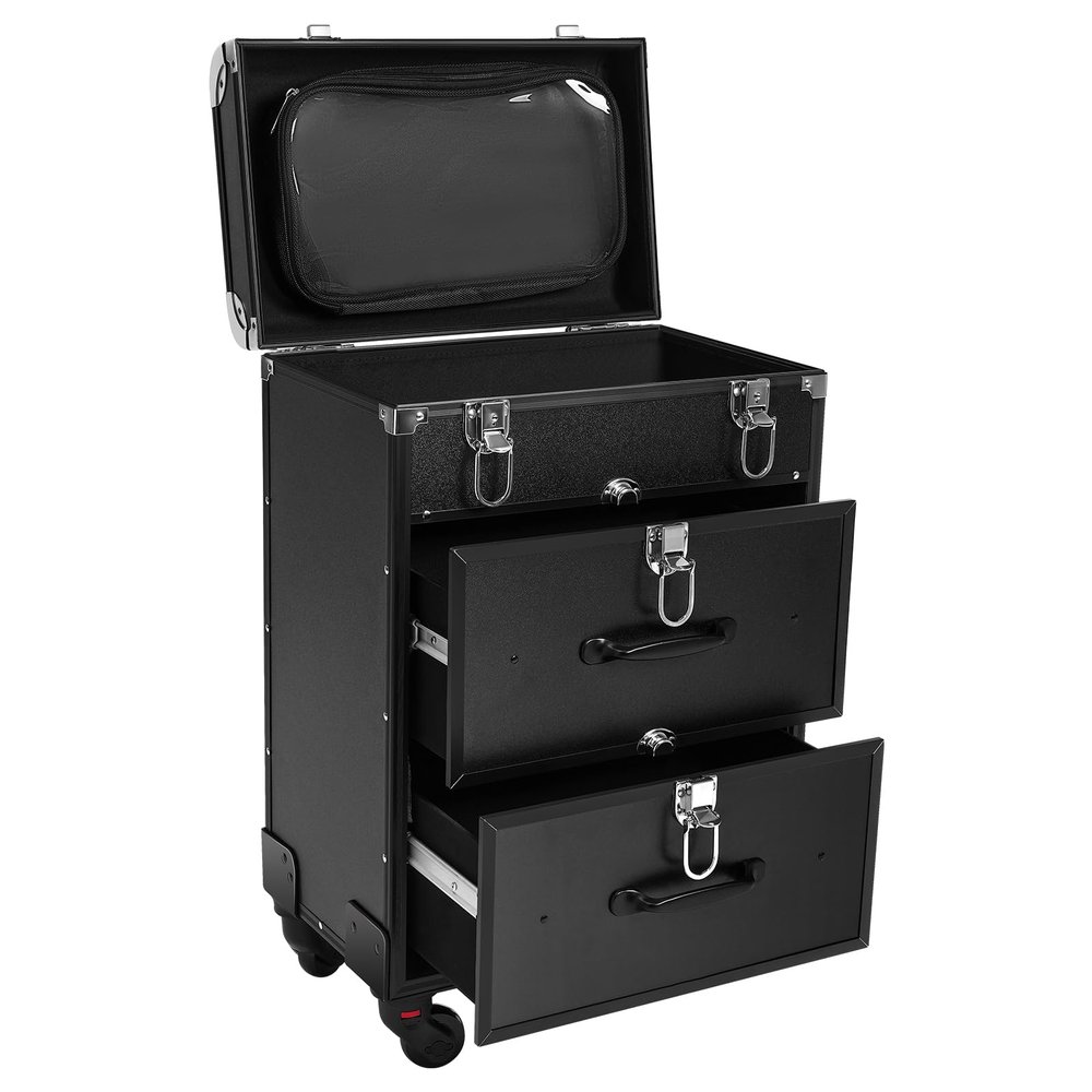 DELOPVIO Professional Rolling Makeup Train Case Cosmetic Trolley Makeup Storage Organizer, Large Storage Cosmetic Trolley, with Key Swivel Wheels Salon Barber Case Traveling Cart Trunk (Black)