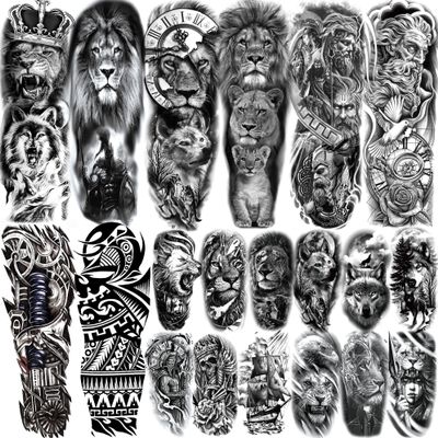 20 Sheets Lion Family Zeus God Full Arm Temporary Tattoos For Men Women Thigh, Warrior Sleeve Tattoos For Adults, Long Lasting Black Temp Bulk Halloween Waterproof Fake Tattoo Sticker Wolf Poseidon