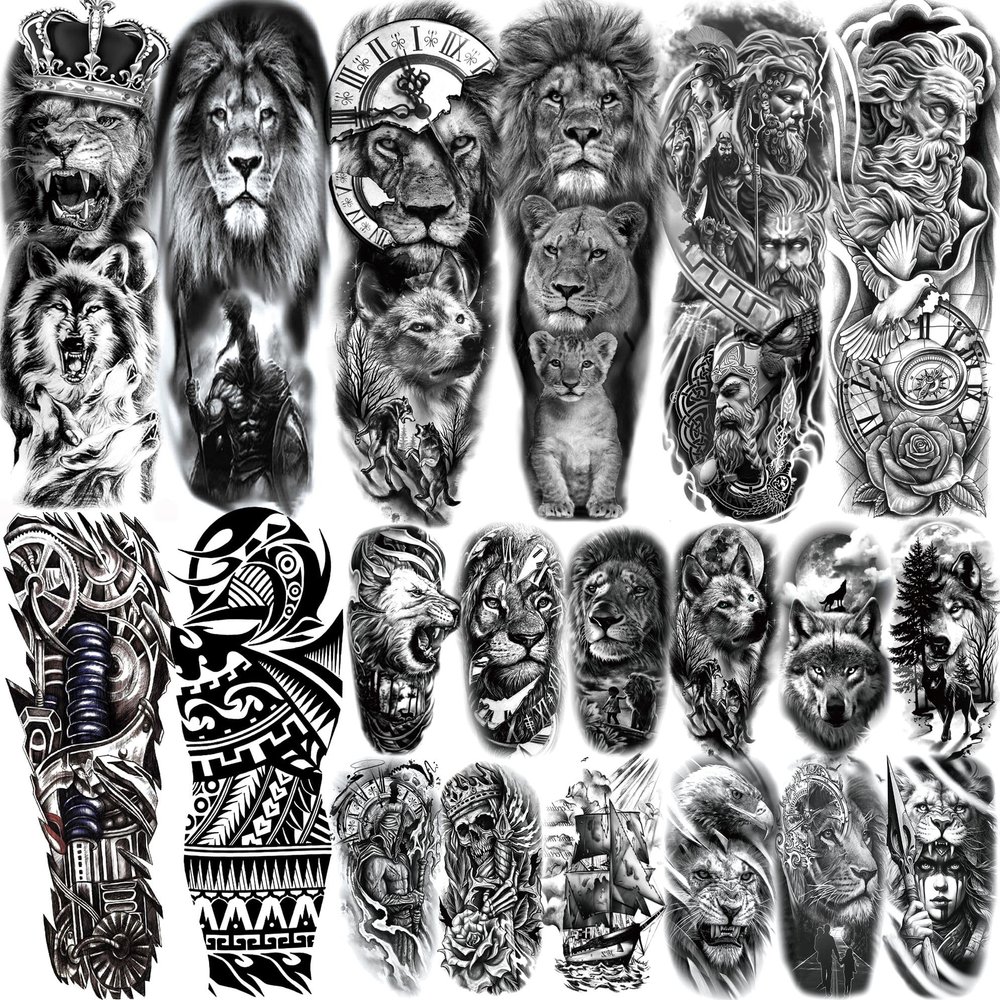 20 Sheets Lion Family Zeus God Full Arm Temporary Tattoos For Men Women Thigh, Warrior Sleeve Tattoos For Adults, Long Lasting Black Temp Bulk Halloween Waterproof Fake Tattoo Sticker Wolf Poseidon