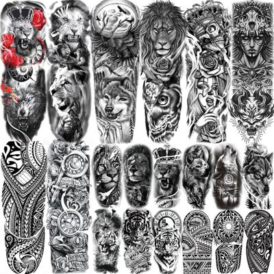 20 Sheets Lion Rose Full Arm Temporary Tattoos For Men Women Thigh, Large Skull Maori Compass Sleeve Tattoos For Adults, Long Lasting Chicano Bulk Temp Black Realistic Halloween Fake Tattoo Sticker