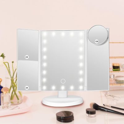 34.524cm/13.69.4in Vanity Mirror with Stand, Portable Tri-fold Makeup Mirror, 2X 3X 10X Magnification Mirror, with 22 LEDs Light and Touch Button(White)