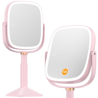 Gospire Rectangle Lighted Makeup Mirror, Height Adjustable, 10X/1X - Pink