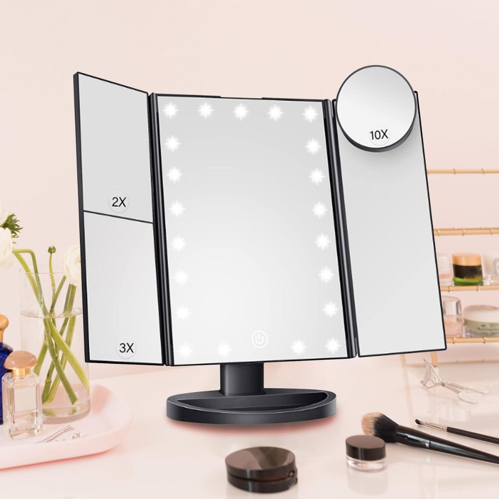 34.524cm/13.69.4in Vanity Mirror with Stand, Portable Tri-fold Makeup Mirror, 2X 3X 10X Magnification Mirror, with 22 LEDs Light and Touch Button(Black)
