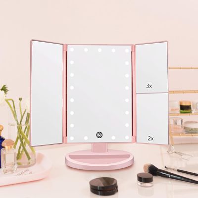 34.524cm/13.69.4in Vanity Mirror with Stand, Portable Tri-fold Makeup Mirror, 2X 3X 10X Magnification Mirror, with 22 LEDs Light and Touch Button(Pink)