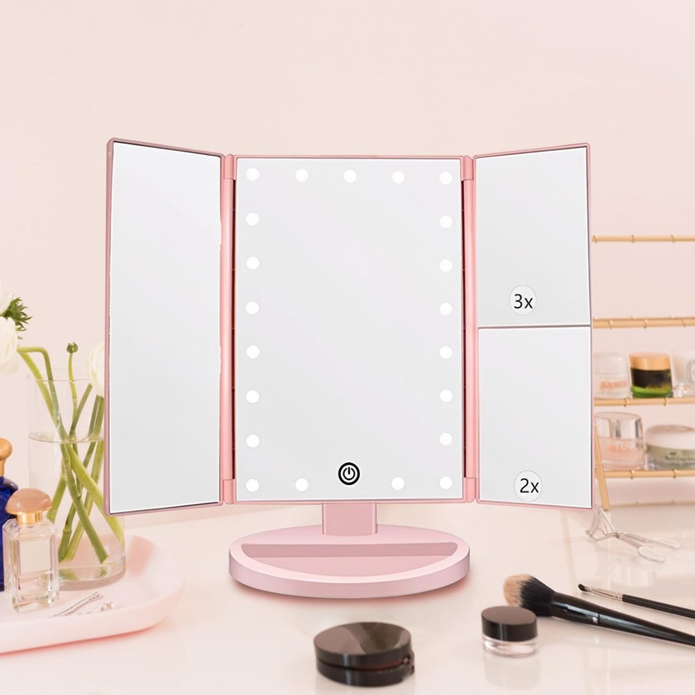 34.524cm/13.69.4in Vanity Mirror with Stand, Portable Tri-fold Makeup Mirror, 2X 3X 10X Magnification Mirror, with 22 LEDs Light and Touch Button(Pink)