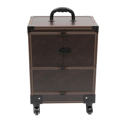 Rolling Makeup Train Case 7 Compartments+1*Mirror, 2* Keys, 4 *Universal Wheels, Cosmetology Case On Wheels Large Makeup Trolley Case Suitable for Anyone Who Loves Beauty or Nail Art/Ships (Coffee)