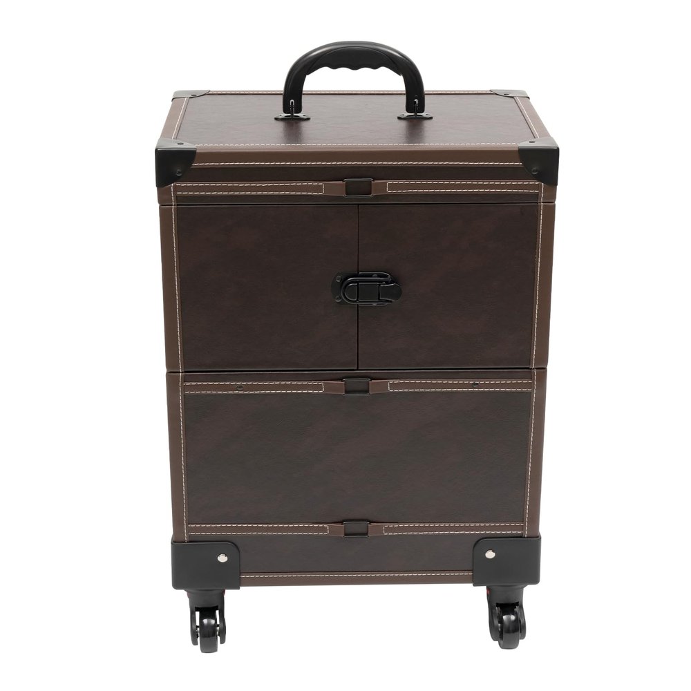Rolling Makeup Train Case 7 Compartments+1*Mirror, 2* Keys, 4 *Universal Wheels, Cosmetology Case On Wheels Large Makeup Trolley Case Suitable for Anyone Who Loves Beauty or Nail Art/Ships (Coffee)