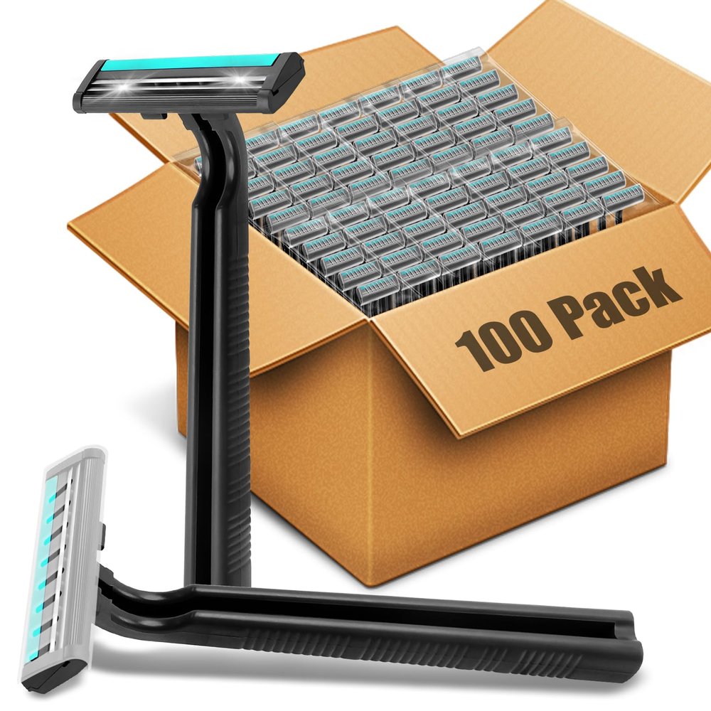 MAGDIY Disposable Razors Bulk for Men 100 Pack, Homeless Supplies Bulk, Twin Blade Mens Safety Travel Supply Shaving Razor, Face Beard Body Shavers for Hotel Camping Bathing (Black)