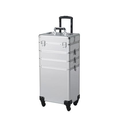 4-in-1 Draw-bar Style Interchangeable Aluminum Rolling Makeup Case (Silver)